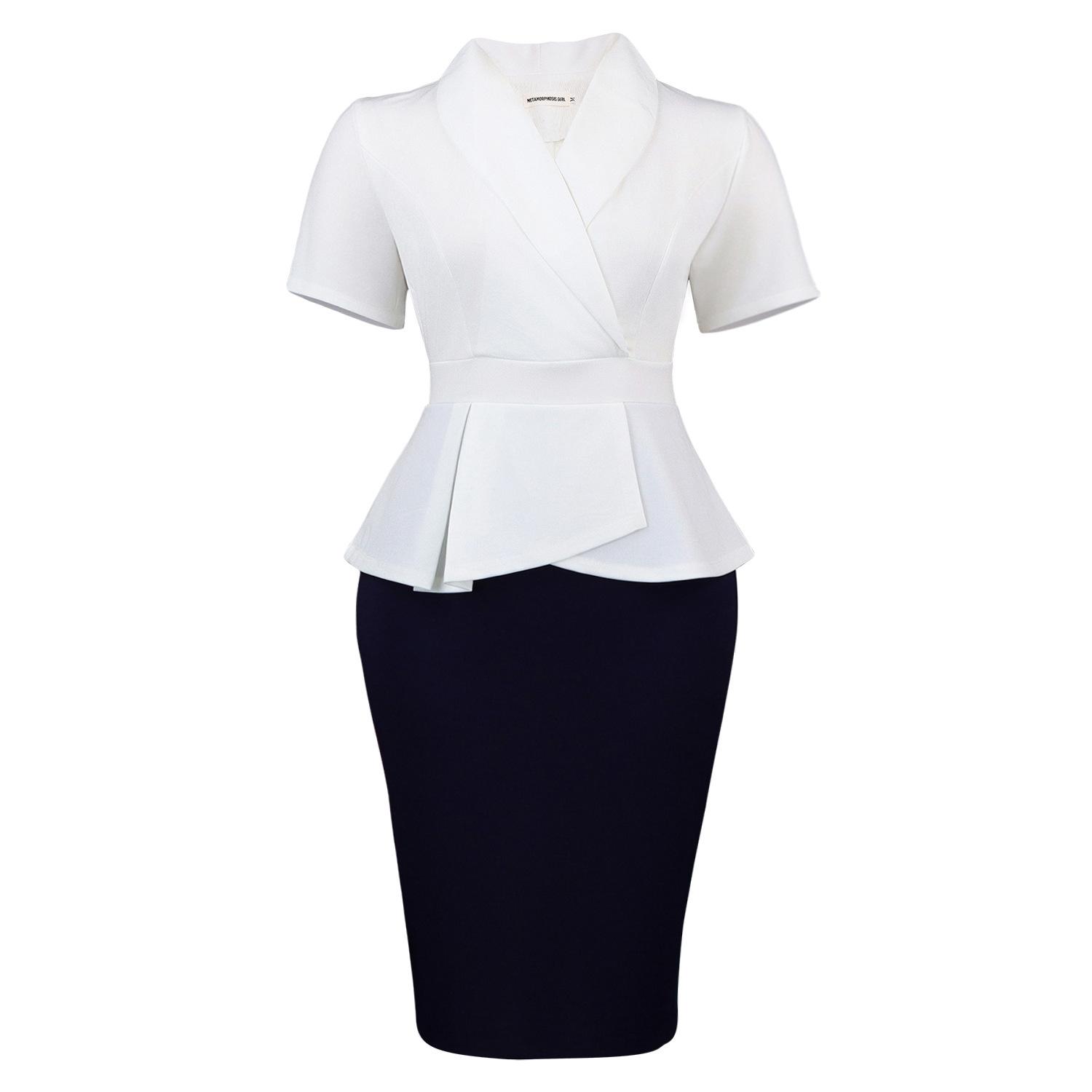 Plus Size Women Short Sleeve Ruffle Color Block High Waist Bodycon Midi Dress S