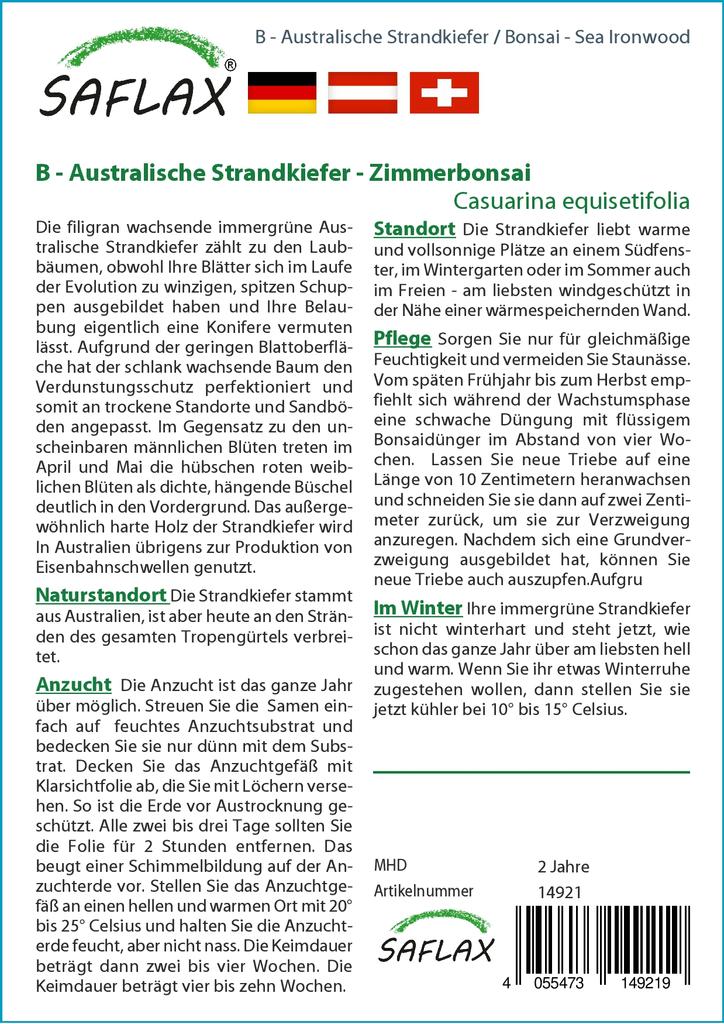 SAFLAX Garden In the Bag - Bonsai - Sea Ironwood - 200 Seeds - With Substrate In a Fitting Stand Up Bag - Casuarina Equisetifolia