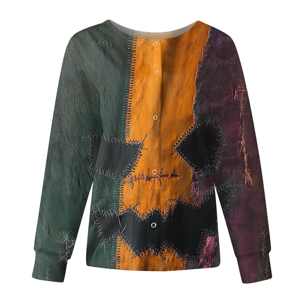 Women's Casual Fashion Long Sleeve Standing Collar Single Breasted Halloween Print Workwear Jacket Tops