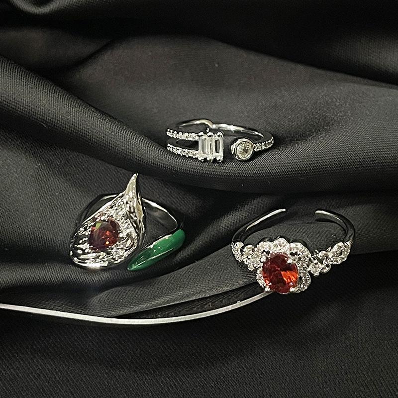 Red Zircon White Open Ring, Women'S Cold Wind, Sweet And Cool Temperament Stacking, Wearing High-End Ring Accessories Tide