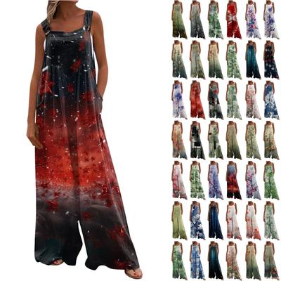 Damen-Overall mit weitem Bein, lässiger lockerer ärmelloser Overall, normaler bedruckter Knopf, lange Hosen, Taschen-Overall