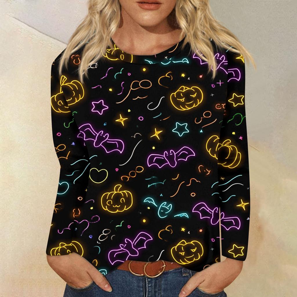Modisches, lässiges Langarm-Oberteil mit Rundhalsausschnitt und Halloween-Print für Damen