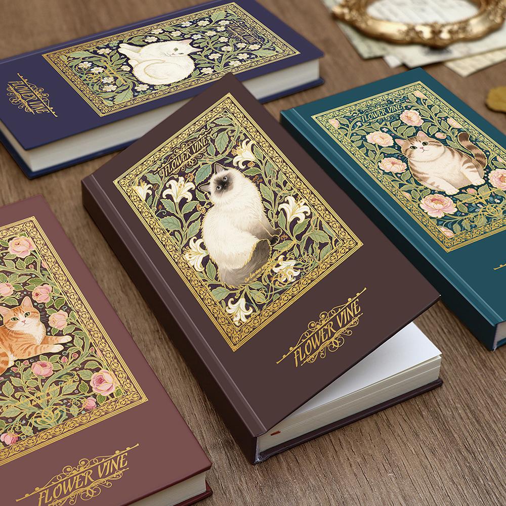 Vintage Style Hardcover Notebook with Thickened Horizontal Inner Pages, Portable and Cute Cat Notebook