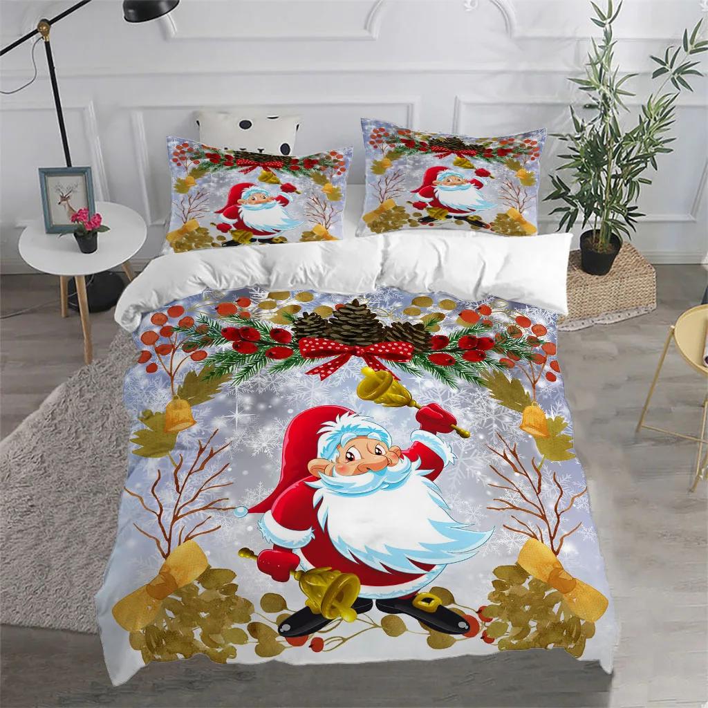 Merry Christmas King Queen Duvet Cover Red Cartoon Santa Bedding Set Kids Boys Girls Christmas Tree 2/3pcs Polyester Quilt Cover
