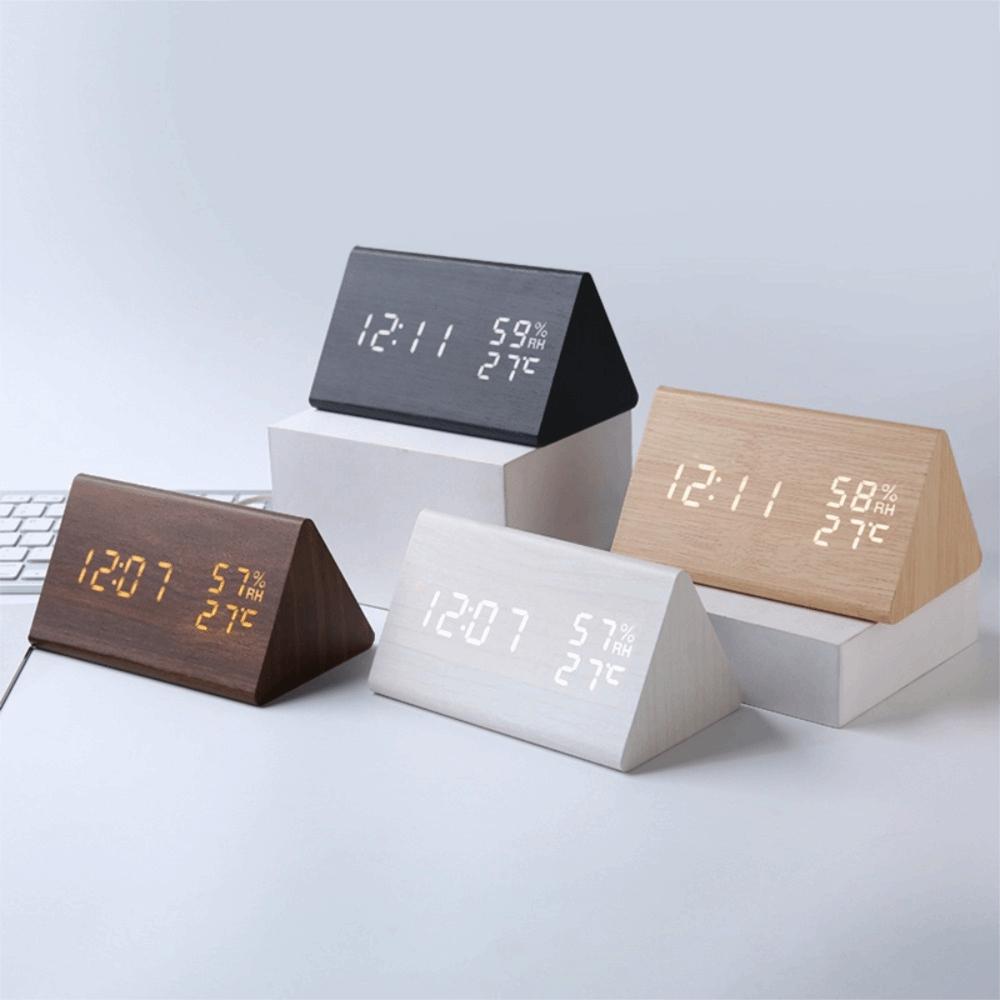Triangular Wooden LED Alarm Clock Humidity and Temperature Display Adjustable Brightness Digital Alarm Clock Voice-activated