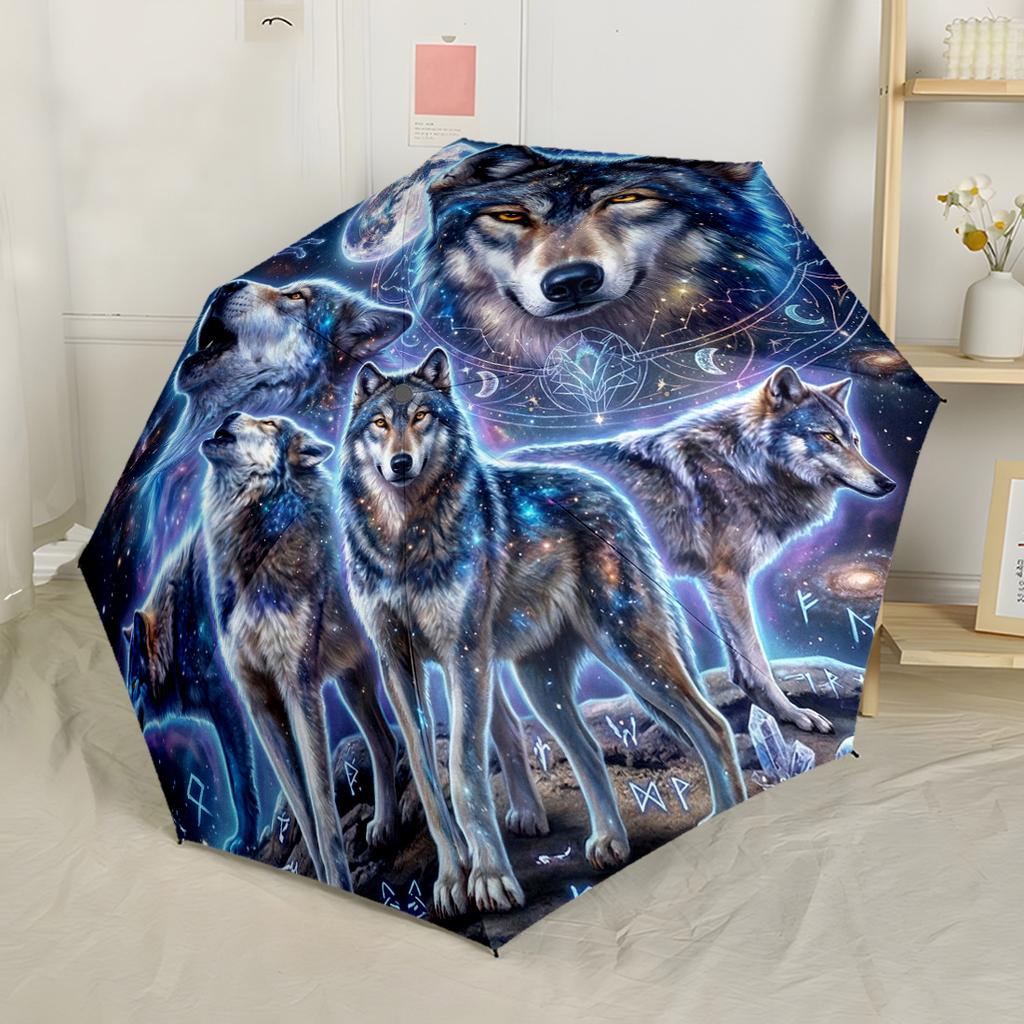 Automatischer Outdoor-Regenschirm „Autumn Wolf Majesty“ mit 8 Streben aus robustem Kunststoff und Eisen – perfekt für Outdoor-Abenteuer und ein stilvolles Accessoire.
