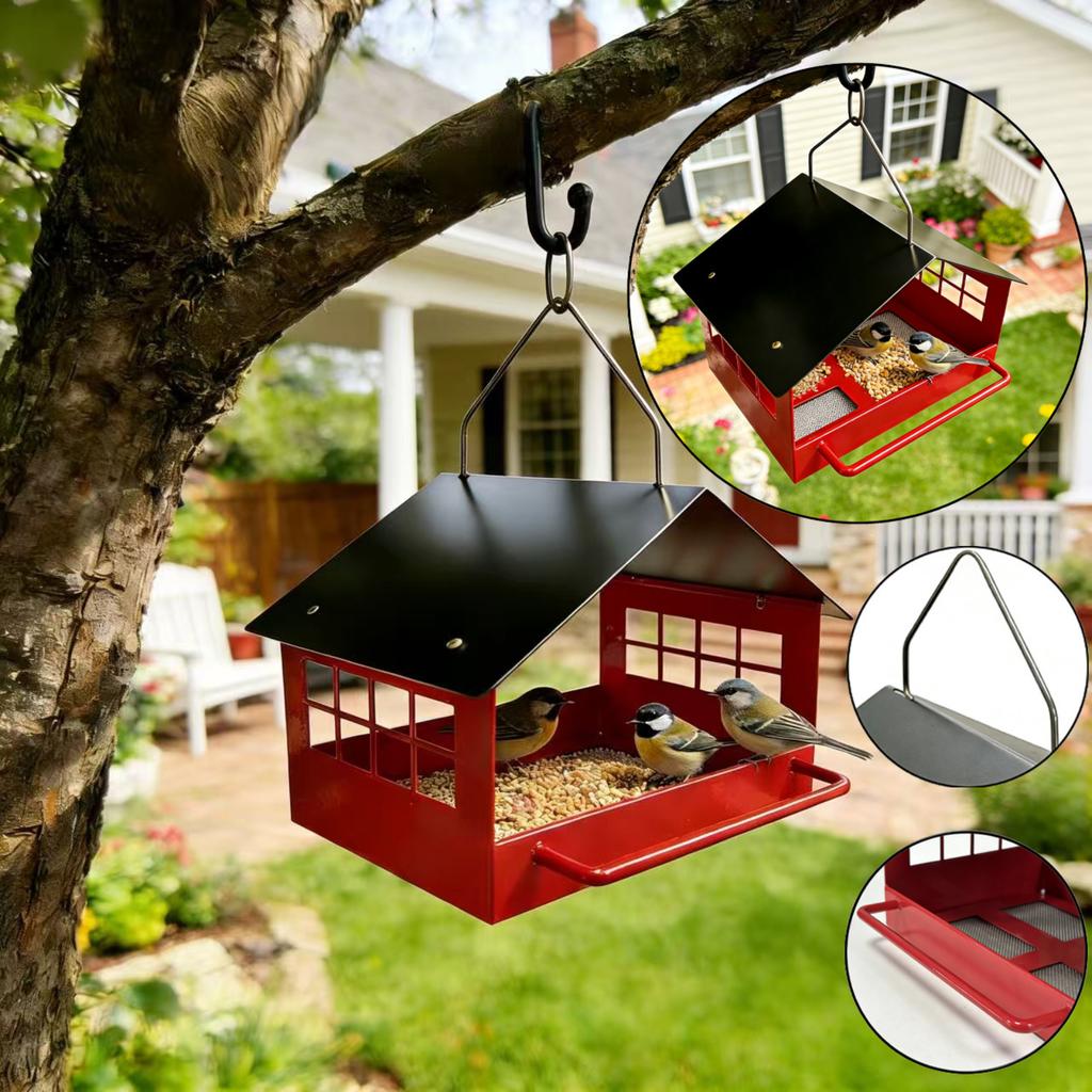 Outdoor Hanging Bird Feeder Metal Iron Construction with Roof Mesh Base for Balcony Garden Patio Use Durable Weather Resistant