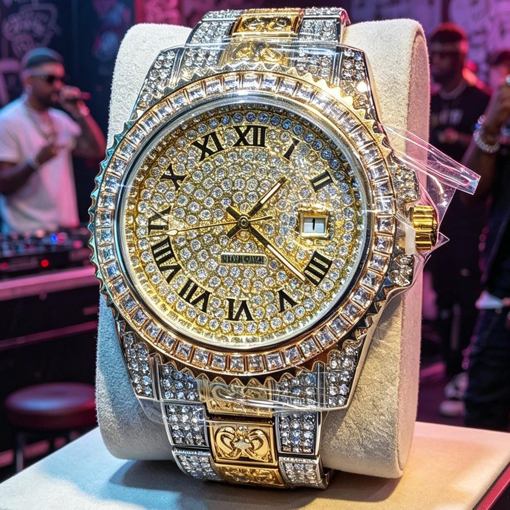 Full Diamond Hip Hop Iced Out Bling Quartz Watch Men High Quality Fashion Calendar Wristwatch