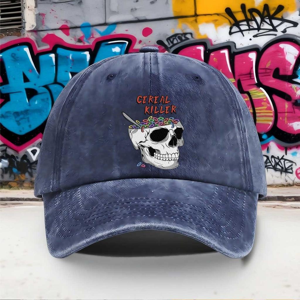 Cereal Killer Skull Graphic Washed Baseball Cap Funny Adjustable Cotton Outdoor Dad Hat