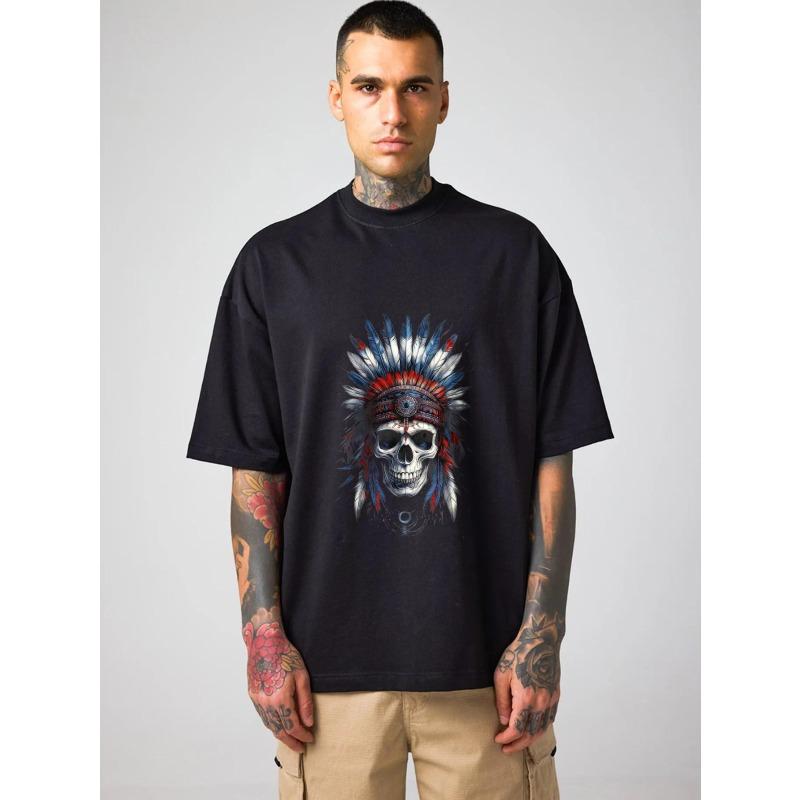 Men's Oversized T-Shirt Black Skull with Native American Headdress Graphic Print Casual Streetwear Fashion Top