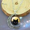 Women\'s Hollow Crescent Black Cat Glass Pendant Link Chain Necklace Jewelry