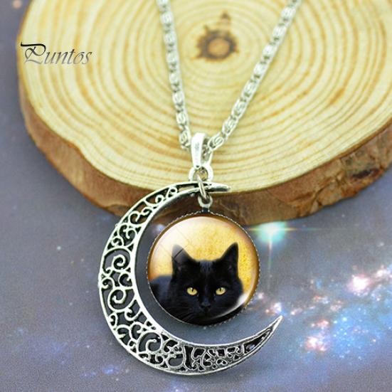 Women\'s Hollow Crescent Black Cat Glass Pendant Link Chain Necklace Jewelry