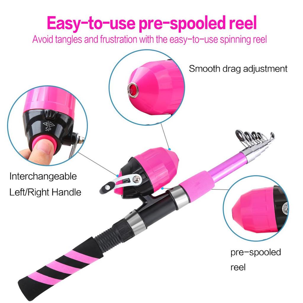 Children's Pink Telescopic Lure Rod with Closed Reel - Portable Fishing Set