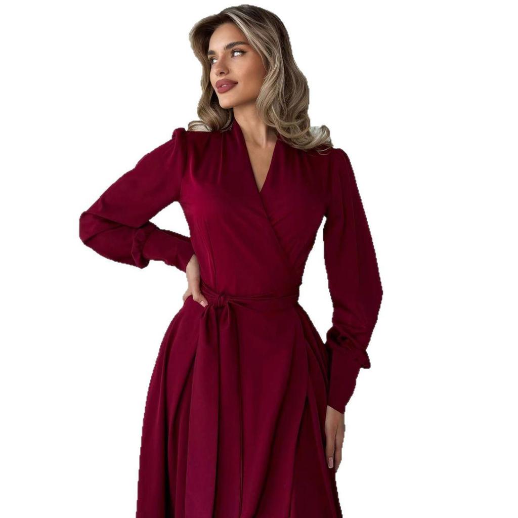 2025 European & American Women's Slim French V-Neck Long Dress with Tie-Up, Slit, and Long Sleeves