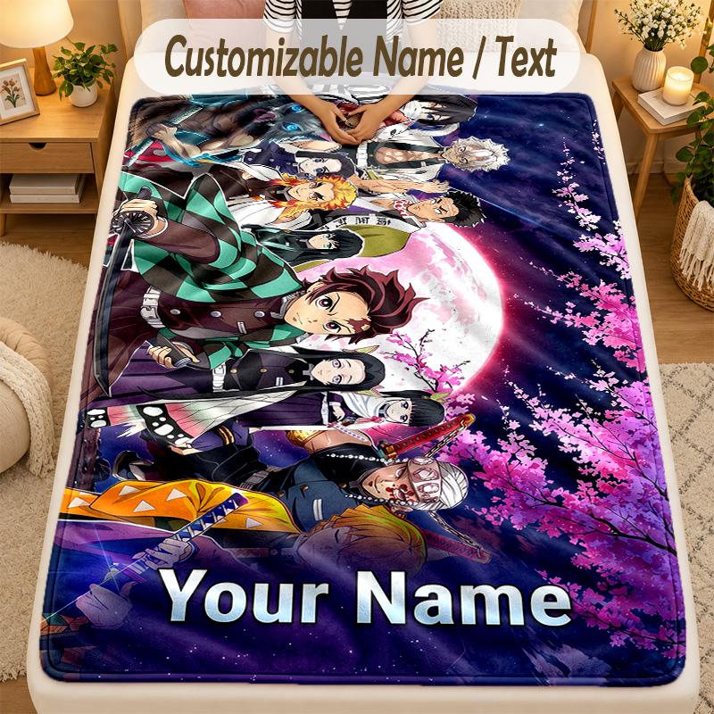 Flannel BlanketDemon Slayer Custom Name Text Personalized Soft Warm Throw Blanket Home Decor Gift