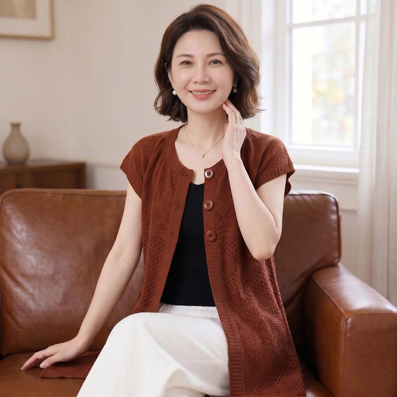 Women s Mid-Aged Loose Fit Round Neck Openwork Knit Vest L красный
