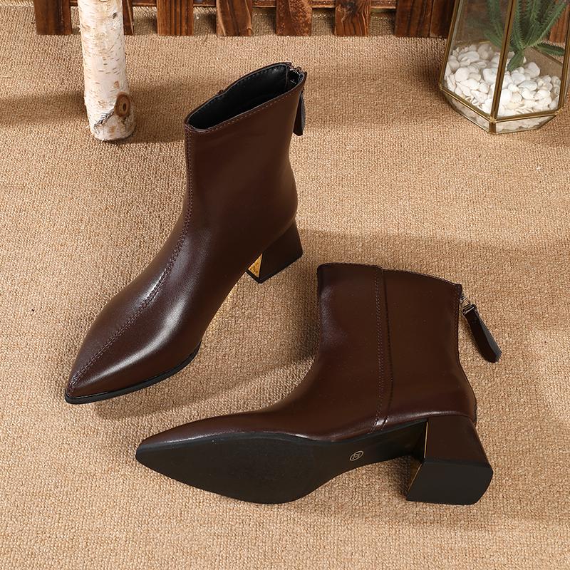 Winter New Women'S French Retro Ankle Boots, Plush Lined Pointed Toe Chunky Heel Booties, Leather Zipper Boots Slimming
