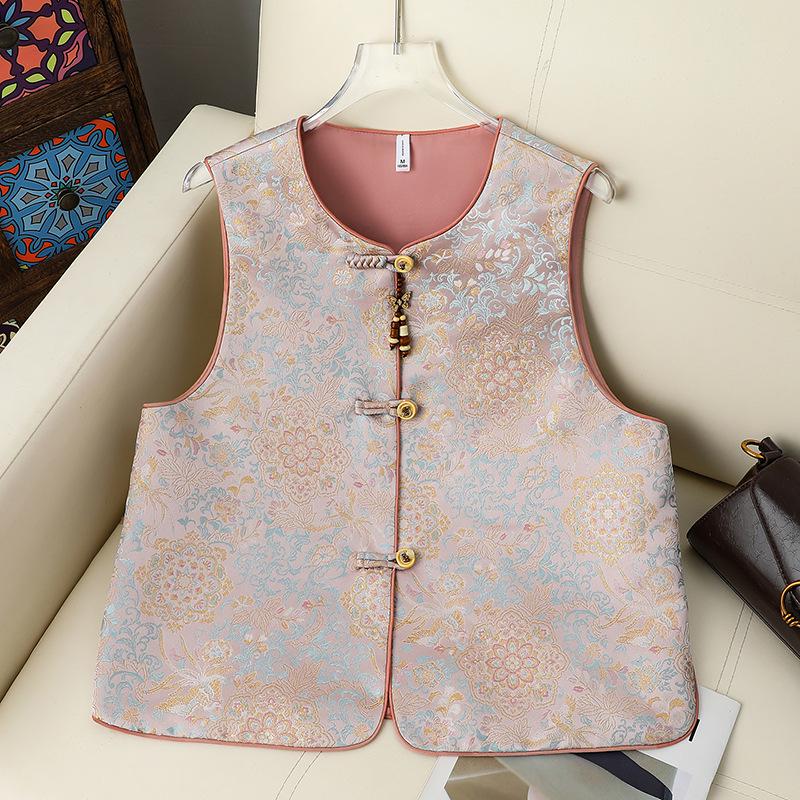 

2025 New Chinese Style Jacquard Vest for Middle-Aged & Elderly Women - Stylish Sleeveless Shawl for Spring & Autumn 2XL рожевий