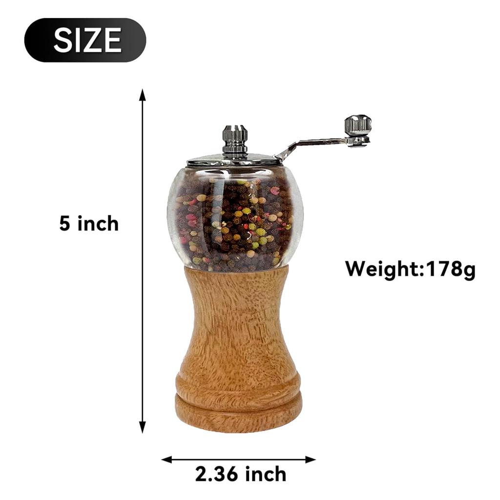 Wood Salt Pepper Salt Grinder Pepper Grinder with Manual Seasoning Grinder Refillable Grinder, & Set, Handle, (5inch-2Pcs)