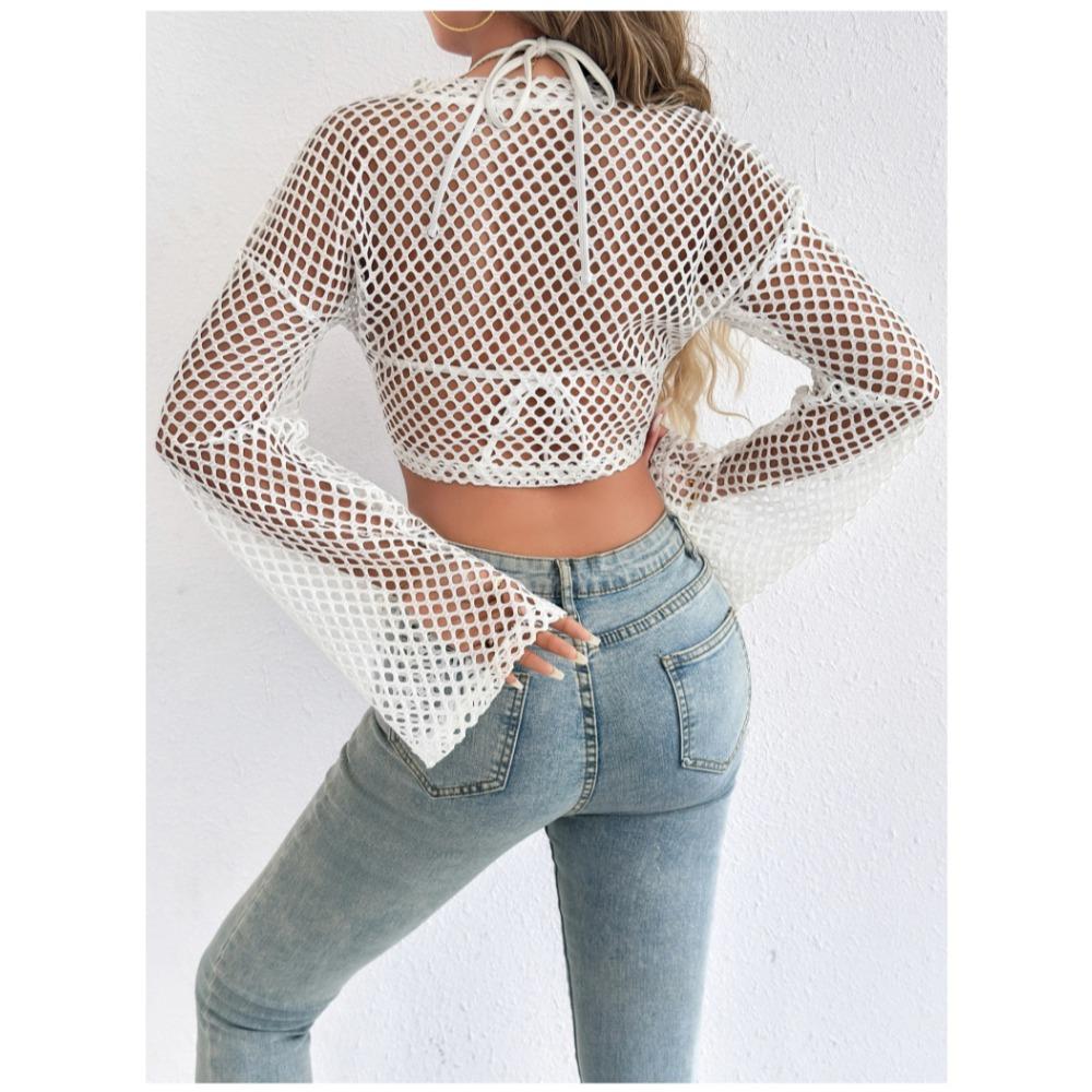 New Casual Perspective Sweater Flared Sleeves Loose Round Neck Hollow Navel Sweater for Women