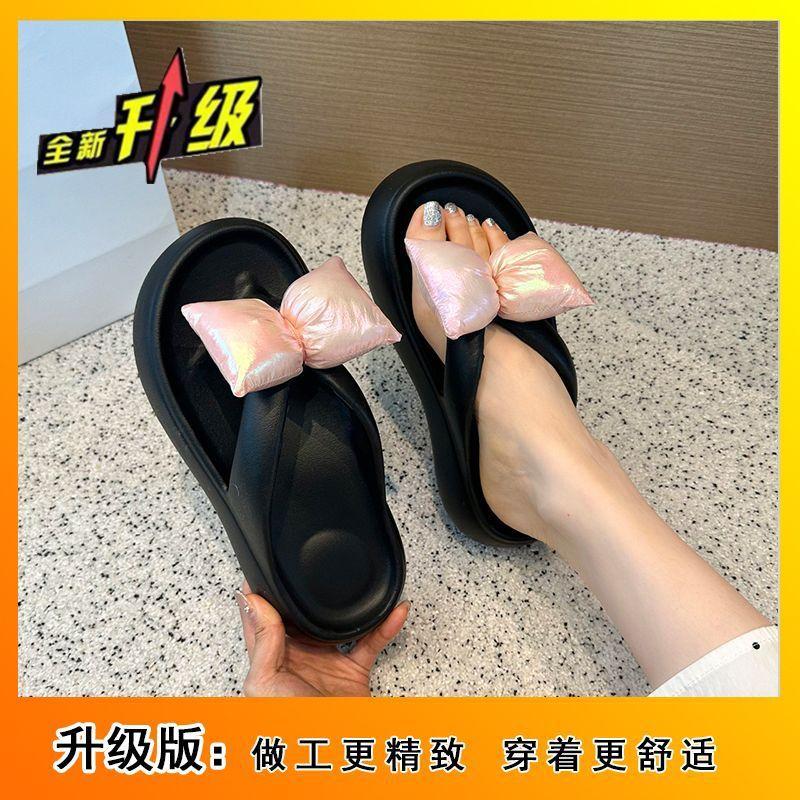 Outer Wear Pinch Foot Flat Bottom Beach Non-slip Cool Slippers Fashion Internet Celebrity Bow Flip-flops Women 2025 Summer and Autumn New