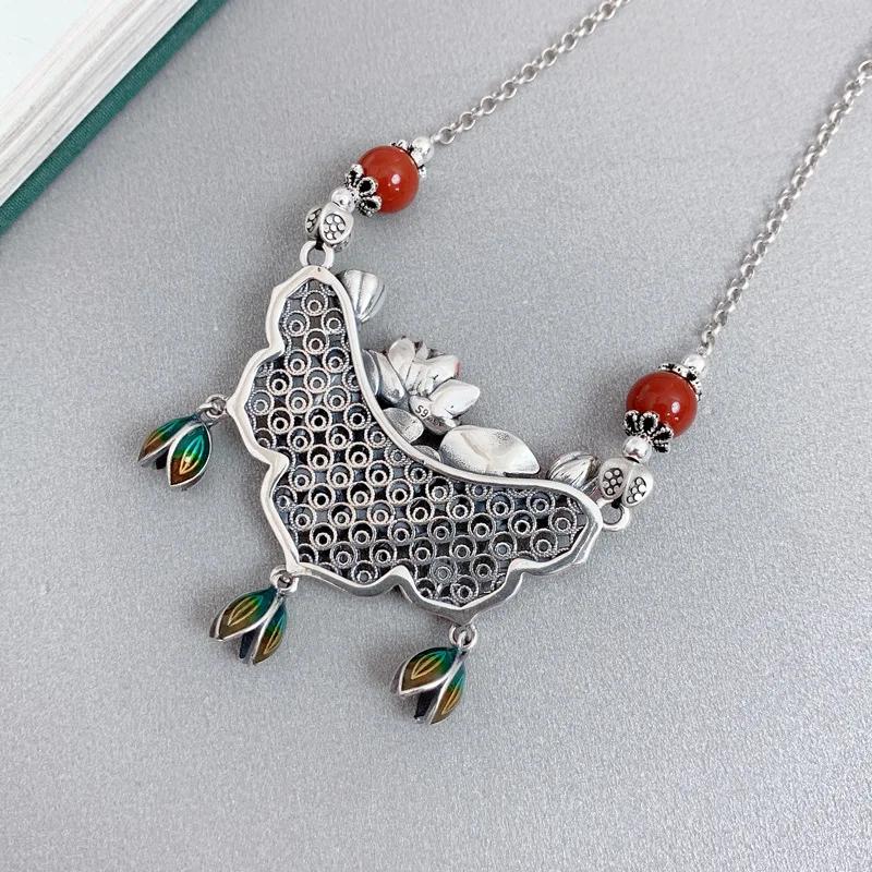 Fresh Classical Colored Enamel Lotus Leaf and Flower Tassel Necklace Pendant for Women Clavicle Chain Jewelry