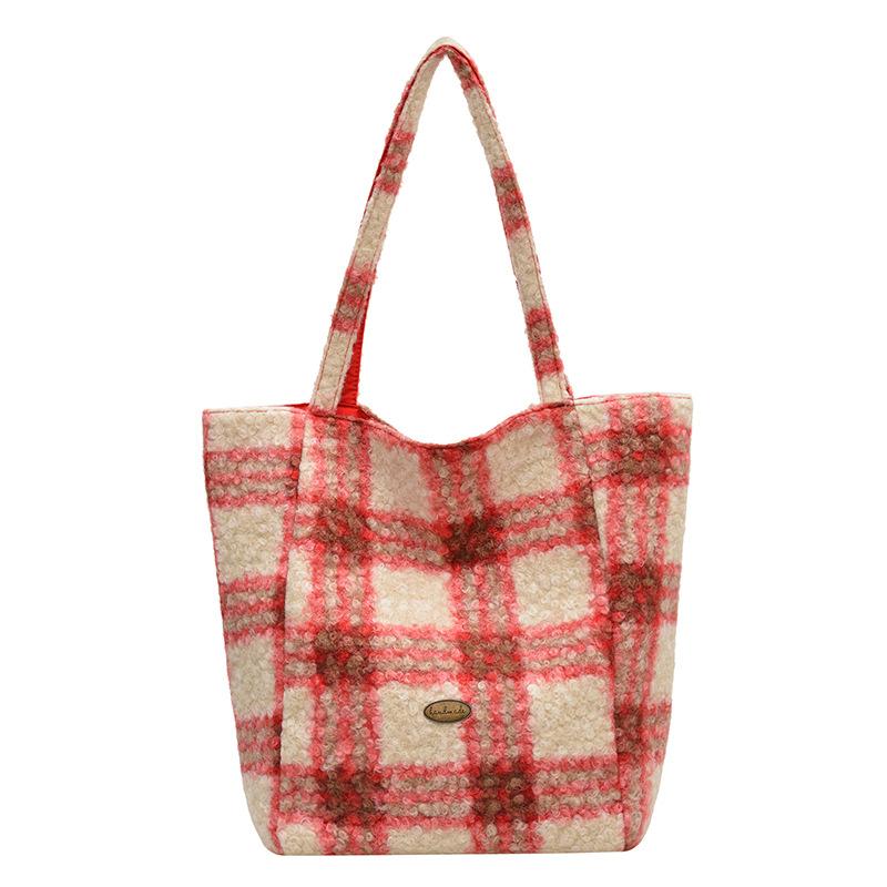 New Autumn Winter Fluffy Tote Crossbody Bag Fashi Plaid Textured Casual Shoulder Bag Large Capacity Casual Simple Storage Bag