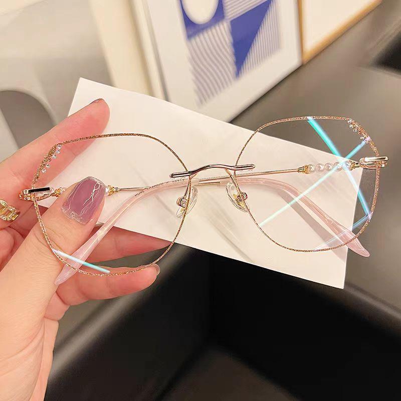 Frameless Reading Glasses Diamond Cut Edged Pearls Large Frame HD Anti Blue Light Fashion Glasses JH238
