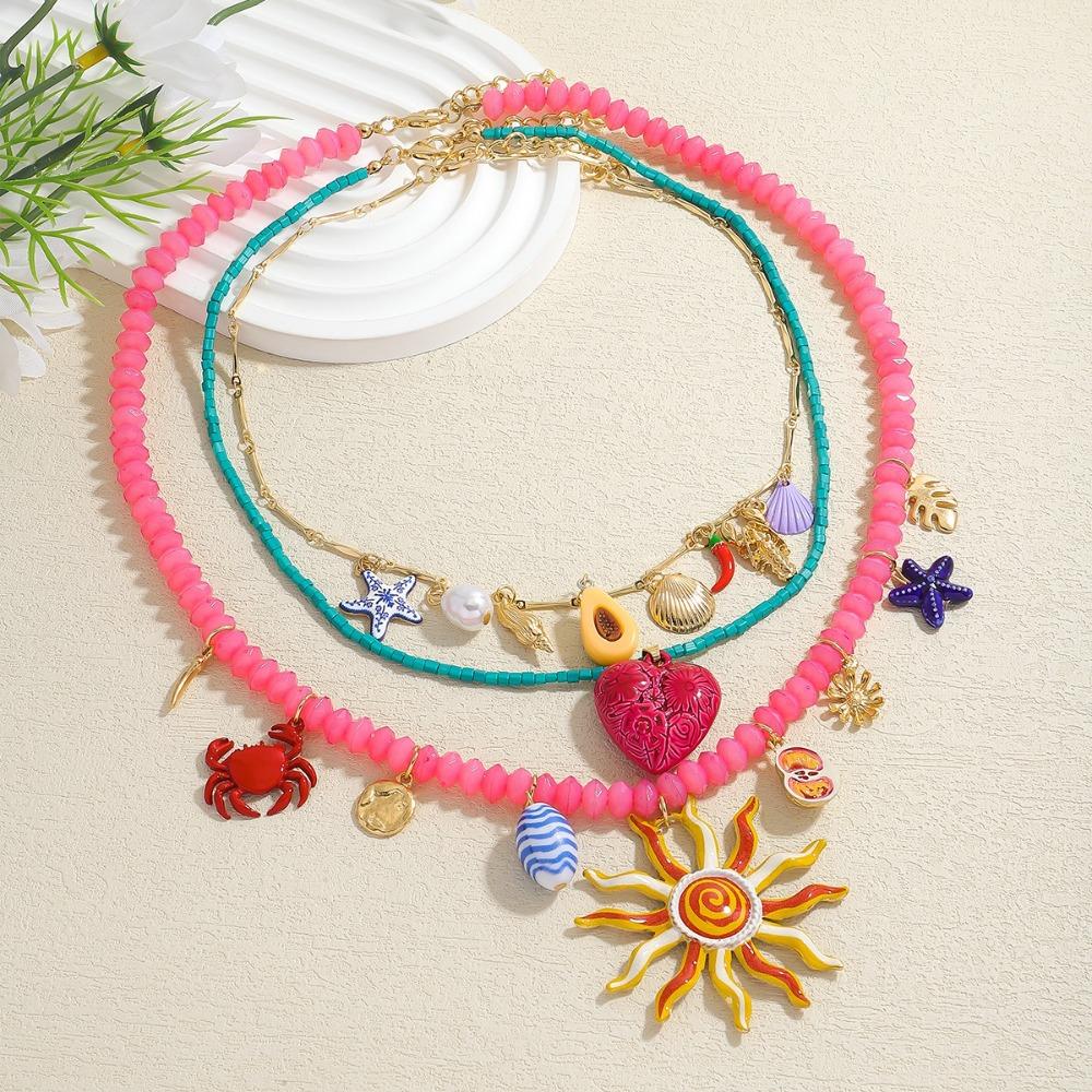 3PCS Multi-layer Summer Vacation Beaded Necklace Dopamine Ocean Style Pendant Necklaces