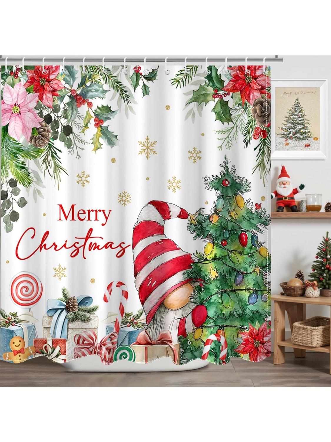

Merry Christmas Shower Curtain Xmas Floral Cute Dwarf Shower Curtain Xmas Tree Gift Pine Branches Bath Curtain Christmas Decor W60H190(CM)-1 Pcs