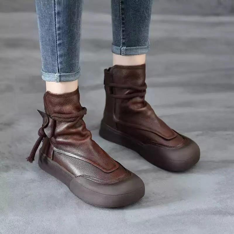 Fashion Women Handmade Retro Roman Ankle Boots Women Genuine Woman Back Zipper Comfort Trend Casual Short Booties High Top Walking Shoes