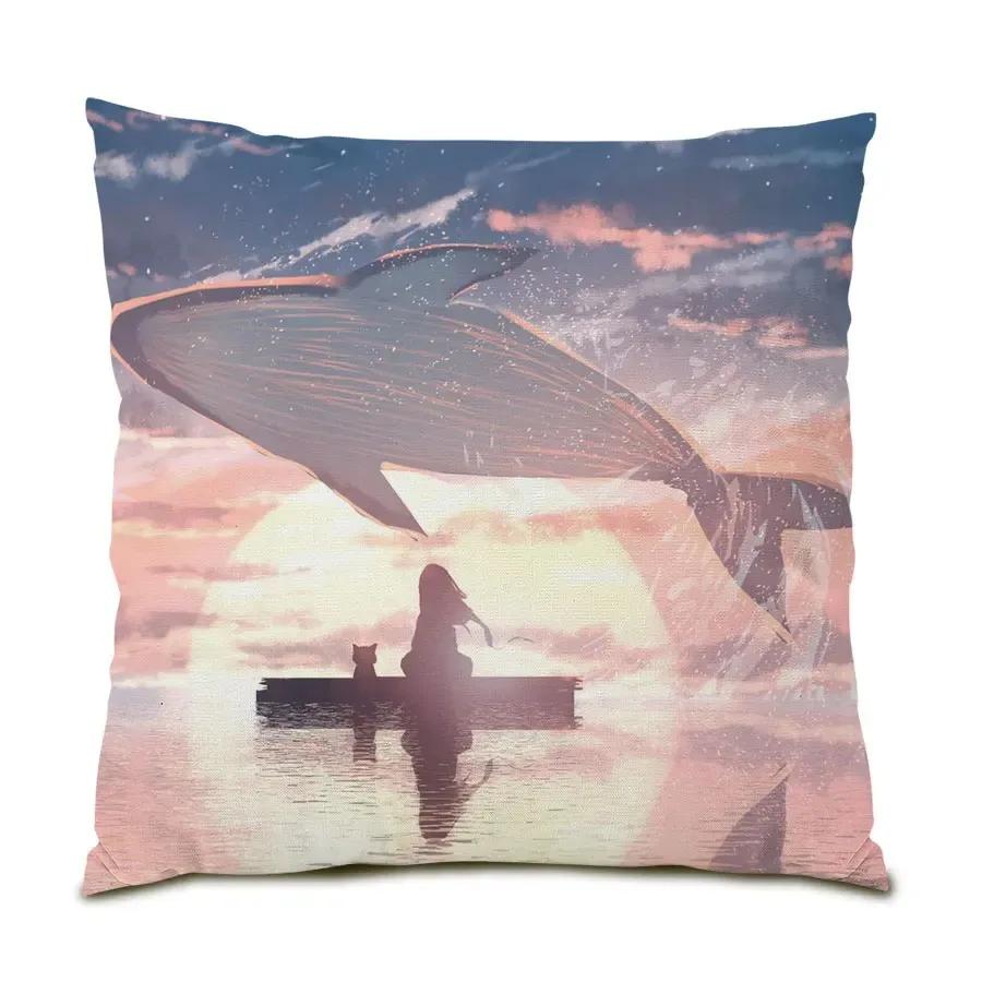 Office Sofa Cushion Cover Simple Illustration Cartoon Scenery Pillow Cover Luxury Home Decoration Cushion Cover