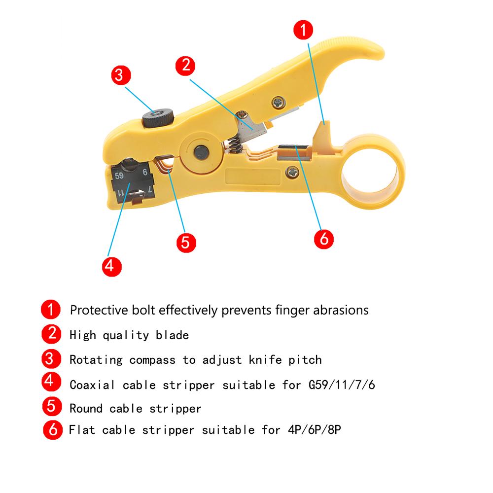 DIYWORK Cable Wire Pliers Multi-functional for UTP/STP RG59 RG6 RG7 RG11 Electric Stripping Tools Cutter Striper