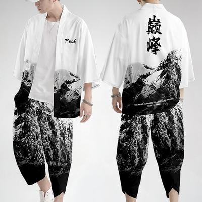 Men Summer Chinese Letter Print Kimono Coat Jacket Top Pants Trousers Outwear Casual Loose White Fashion Sets
