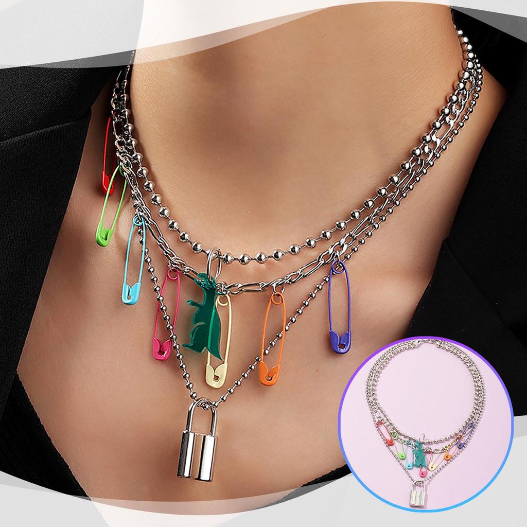 Pin Clavicle Necklace, Round Bead Lock Necklace, Choker Necklaces