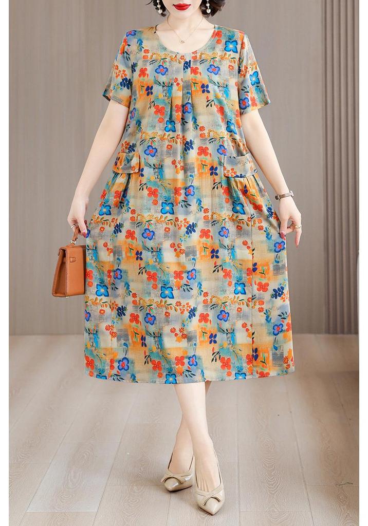 Plus Size Fresh Floral Print Summer Midi Dress - Loose, Pleated Design 2026
