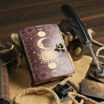 Celestial Sun & Moon Vintage Leather Journal Blank Spell Book of Shadows Printed