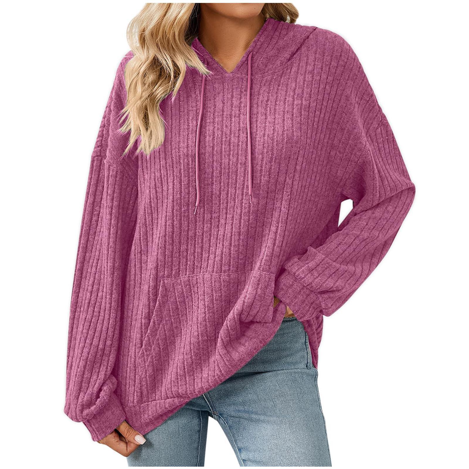 Women s Knitted Hooded Sweatshirt Long Sleeve Pullover Casual Loose Fit Top in Multiple Colors S