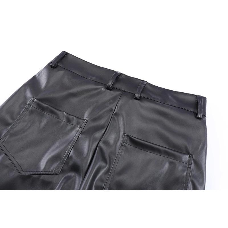 Hip Hop Mens Pleated Pu Leather Pants Harajuku Retro Streetwear Loose Ruched Casual Trousers Straight Solid Color Black Pants