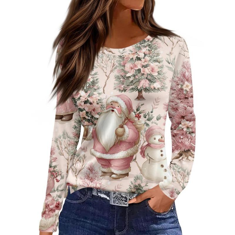Christmas Limited Edition Women's 3D Floral Snowman Print Round Neck Long Sleeve T-shirt Fashion Casual Long Sleeve Top