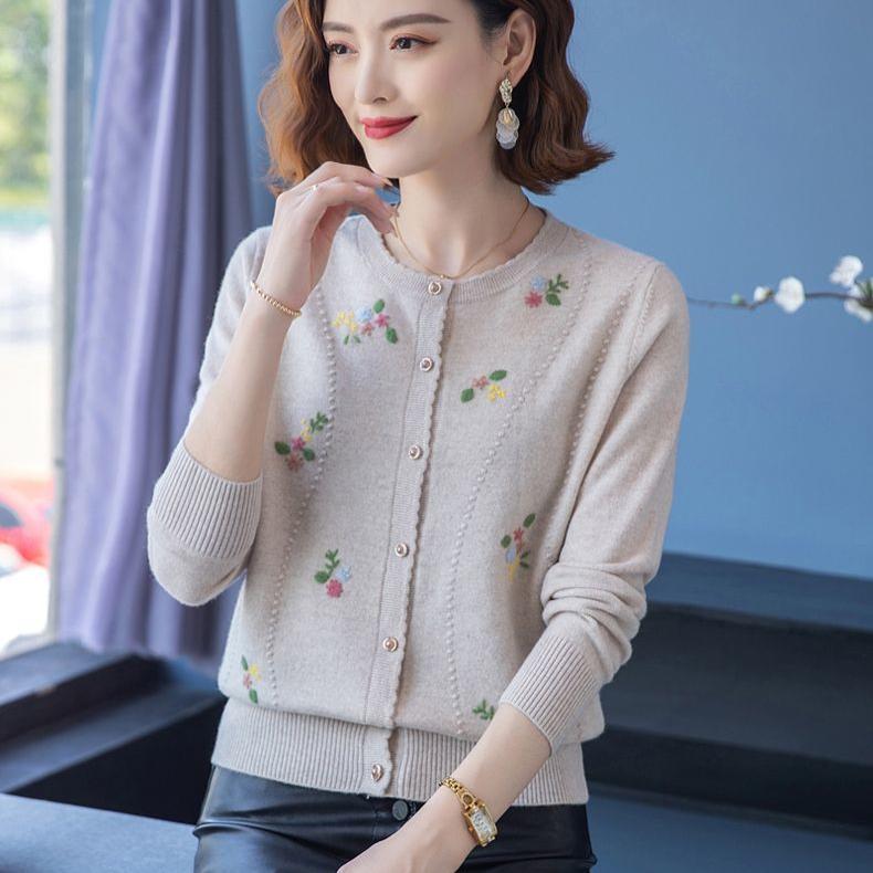 Autumn Winter Women's Wool Cardigan Round Neck Embroidered Knitted Jacket Cardigan Top