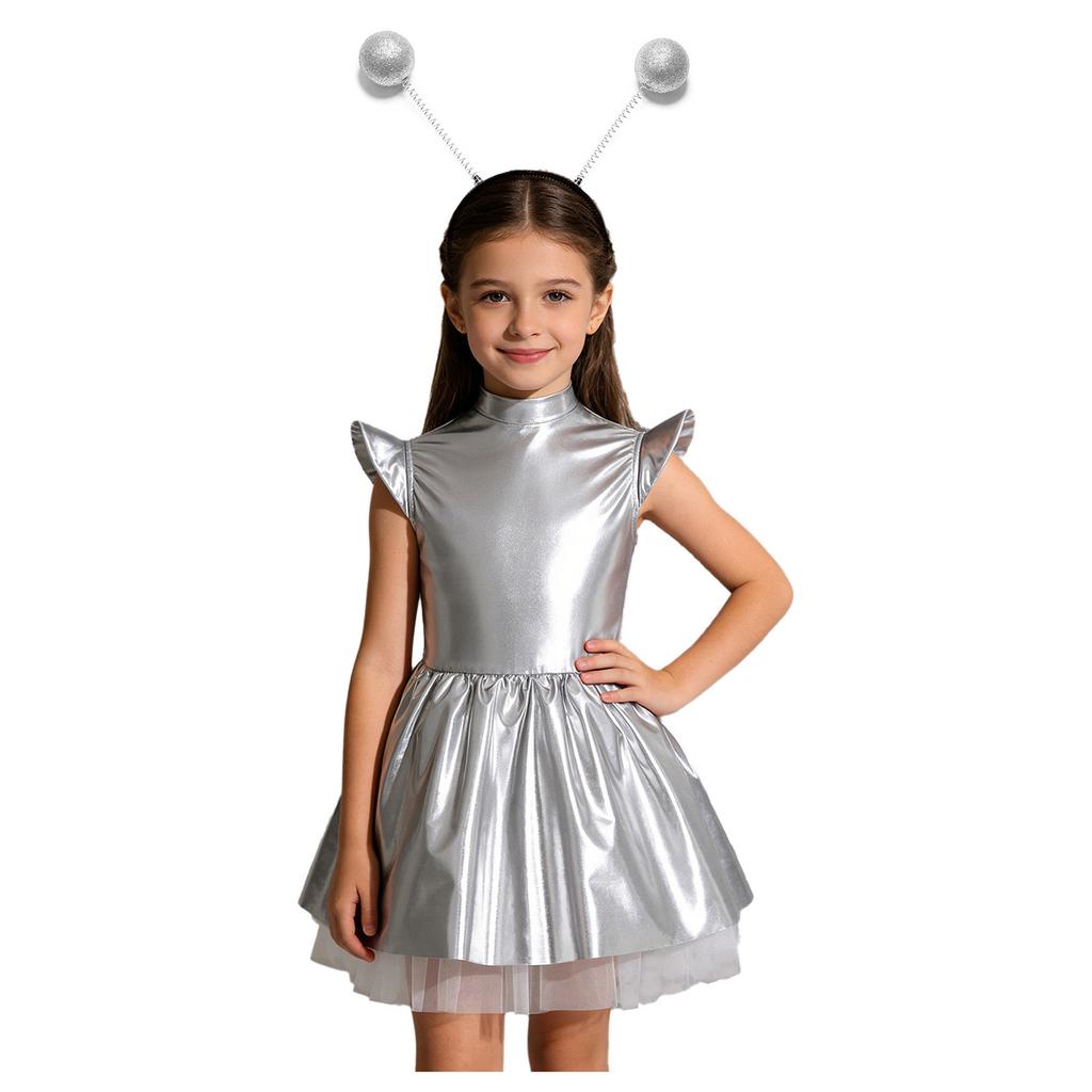 Girls Stage Performance Alien Costume Set: Glossy Mock Neck Dress with Ruffled Tutu & Flying Sleeves, Complete with Hair Hoop