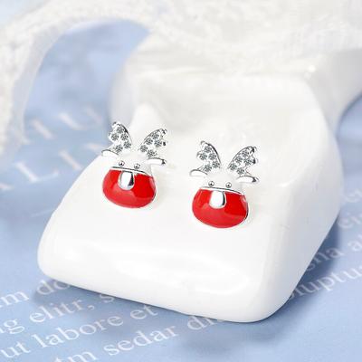 Bijoux de Noël en Argent Sterling 925 Micro Cz Élan Cerf Flocon de Neige Émail Rouge Boucles d'Oreilles Puces Oorbellen Pour Femmes Fille S-e486