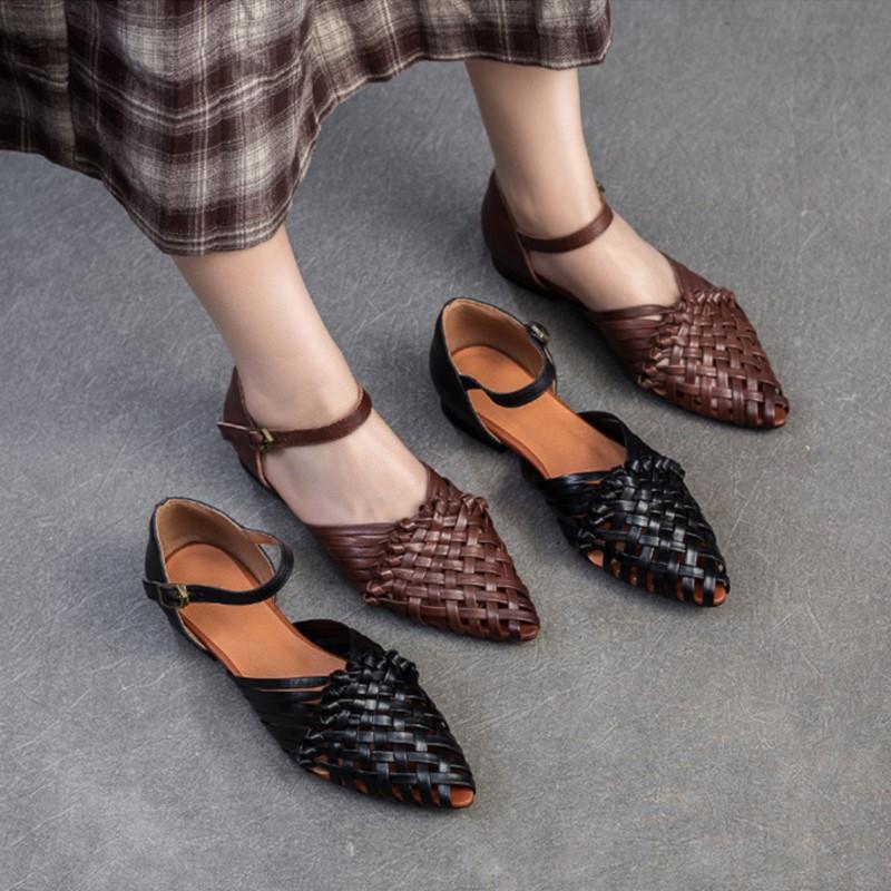 Fashion GKTINOO 2025 Summer New Retro Hand Woven Genuine Leather Flat Sandals Breathable Buckle Commuting Women's Shoes