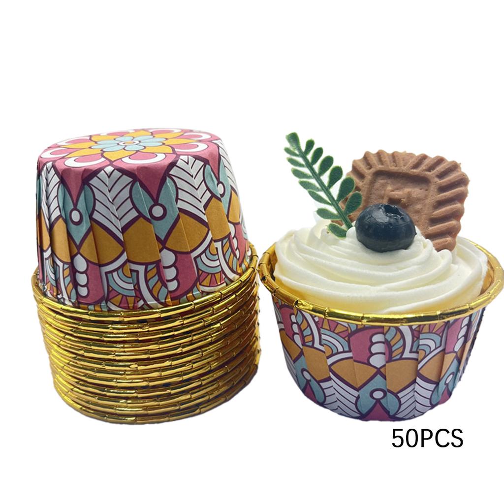 50pcs Bohemian-Print Muffin Cups Aluminium Foil Cupcake Cases Heat Resistant Baking Cup Disposable Cake Pan For Home Kitchen