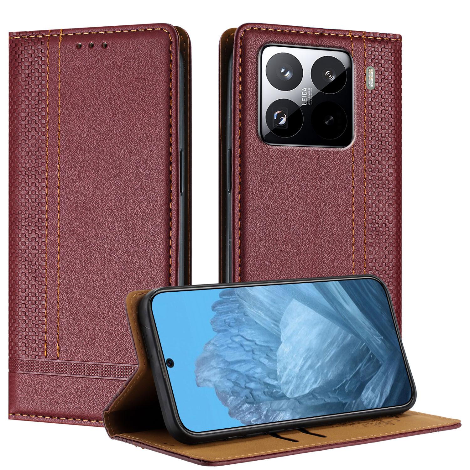 

For Xiaomi 15 Pro Case L-Shaped Grid Pattern Leather Stand Phone Cover with Card Slots Wine Red