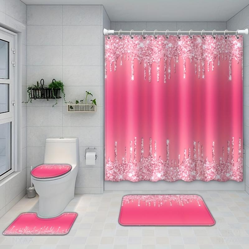 Jessica Chen Pink Gradient Glitter Shower Curtain Set With 12 Hooks: Artistic, Waterproof, And Seasonal Bathroom Decor For Walk-In Showers
