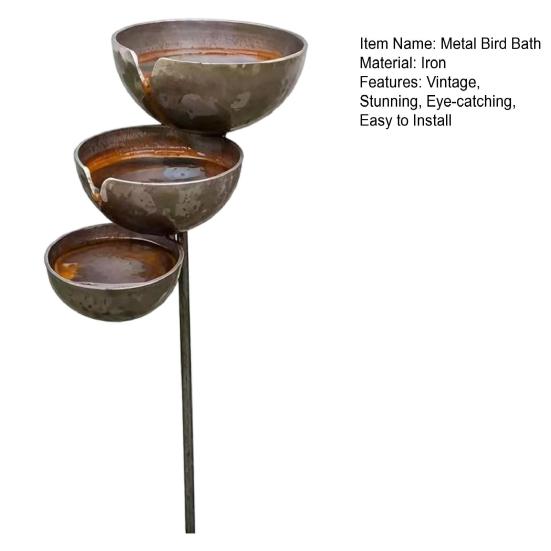 Metal Bird Bath Rustic Vintage Rain Catcher Garden Stake with 3-Tiered Bath Bowls Outdoor Bee Watering Station for Outside