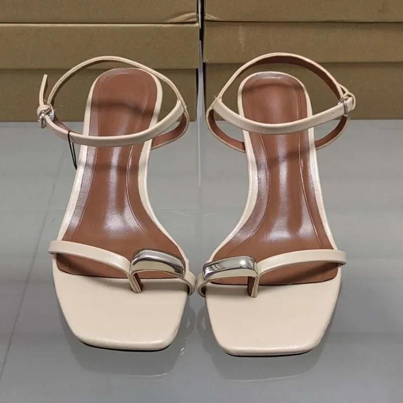 Fashion 2025 Summer Women High Heel Sandals Metal Decoration Elegant Clip Toe Stilettos Big Size Luxury Brand Ankle Strap Ladies Shoes