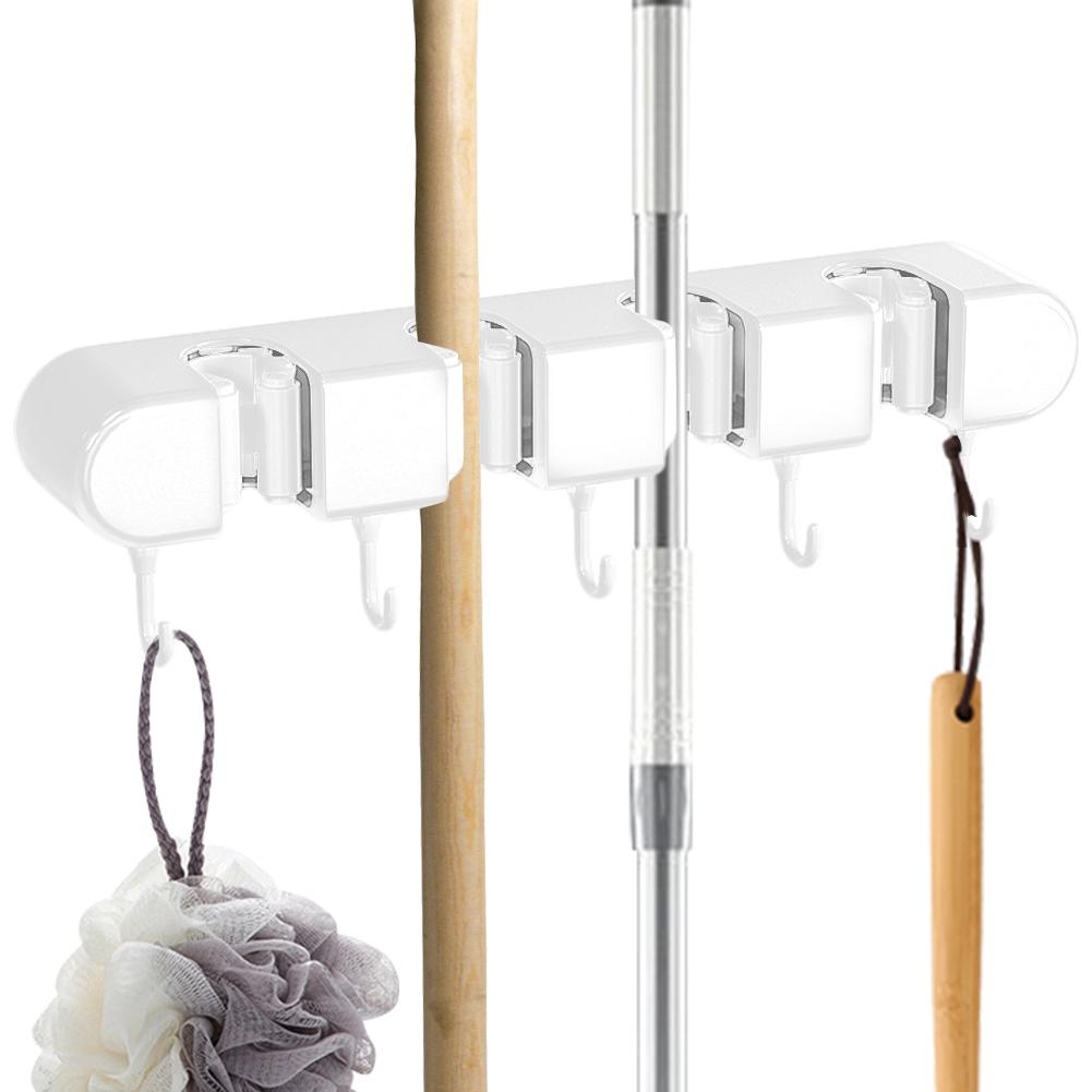 Mop Hook Hanging Broom Clamp Holder Multifunctional Mop Wall Hanging Rack Self-Adhesive with 4 Slots & 5 Hooks for Garden Garage